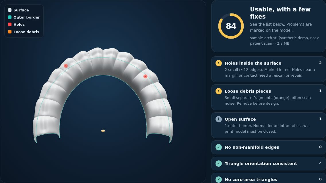 STL Check showing a dental arch with two holes and a loose debris piece marked in 3D, and a score of 84 out of 100